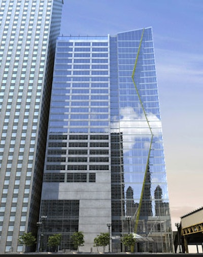 A yellow line in the shape of a lightning bolt zigzags down the facade of the 27-story building.