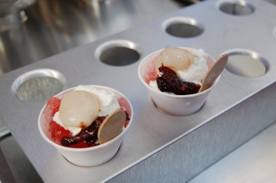 Chapel Hill, North Carolina-based restaurant Lantern served hand-shaved snow cones with strawberry syrup, dried strawberries, whipped cream, and lychees.