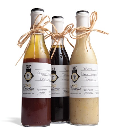 Apple-port wine, bistro balsamic vinaigrette, and roasted lemon pepper salad dressings, $8.50 per bottle, from True Cuisine in Chicago.