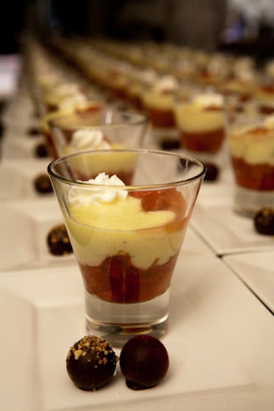 For dessert, guests ate strawberry-rhubarb parfait with assorted chocolate truffles.