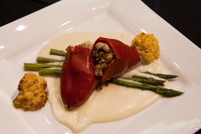 The vegetarian option was piquillo pepper stuffed with goat cheese and asparagus, topped with roasted cauliflower cream sauce.