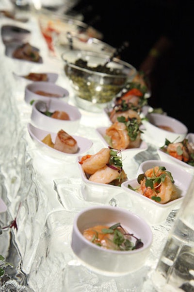 Design Cuisine's seafood ice bar included oysters, diver scallops, prawns, and smoked trout.