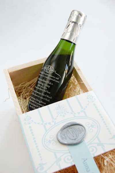 For a recent Wedding Library luncheon, Gifts for the Good Life created etched invitations onto miniature bottles of Champagne.