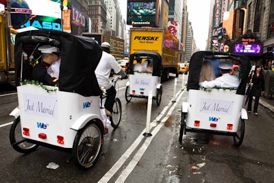 Following several photo ops, the event finished with all five couples zooming away in pedicabs.