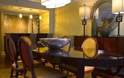 Vice presidential suites have formal dining rooms and service bars.