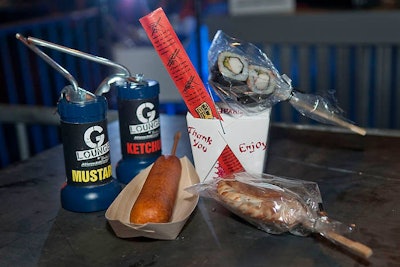 The food available for purchase included corn dogs, sushi pops, and spinach and cheese empanadas on a stick.