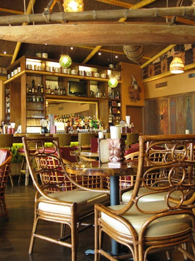 Wicker chairs serve as lounge seating.