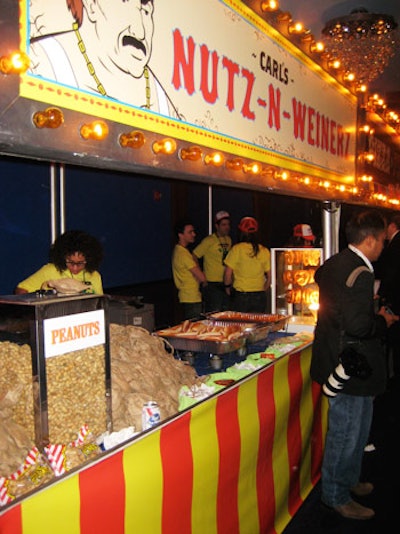 The Cartoon Network's carnival-themed Adult Swim party for Upfront Week in New York in May had branded booths at the Nokia Theatre hawking corn dogs, pizza, peanuts, and hot dogs.