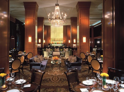 The Blvd has lounge seating and a large crystal chandelier.