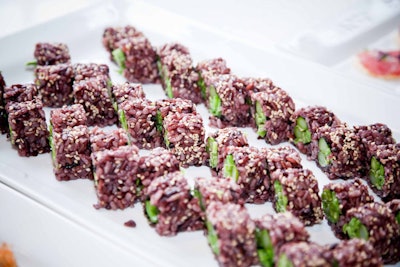 Servers from Blowfish offered brown-eyed pea maki, made with brown rice, snow peas, asparagus, sesame seeds, and spicy kewpie.