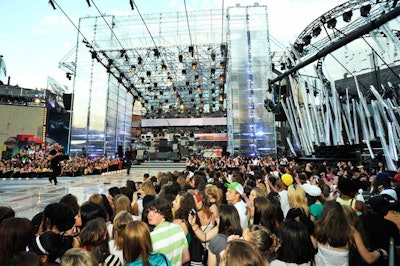 The 4,000-square-foot stage, located in the parking lot of MuchMusic's Queen Street headquarters, measured 130 feet wide and 60 feet tall.