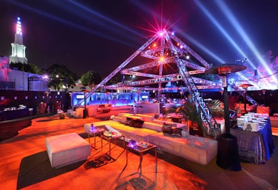 A central pyramid-shaped truss at the party evoked the Egyptian setting of the film.