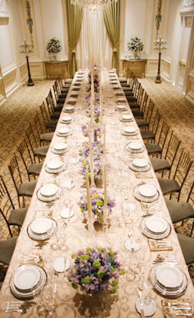 The rehearsal dinner at the Palace used Vera Wang plates, but set decorator Christina Tonkin often pulls inventory from event rental houses.