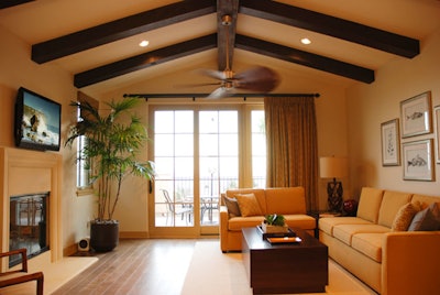 A casita great room is decorated in a coastal contemporary style.