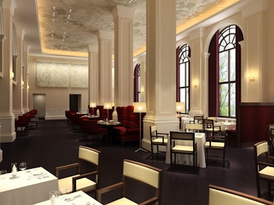 The 96-seat main dining room has 20-foot ceilings and massive arched windows.