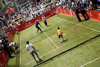 To fit the street, the pop-up court measured a few feet narrower than regulation.