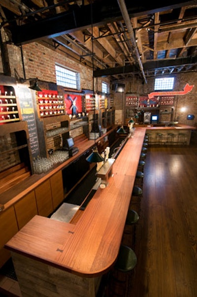 The main bar at Brooklyn Bowl is crafted from reclaimed wood.