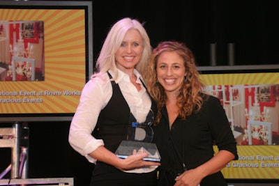 The 'City Warehouse Indulgence' promotional event at Rrivre Works won the Event Style Award for Best Overall Catering at an Event. Pictured are Charley King, event planner, Good Gracious Events, and BizBash L.A. editor and bureau chief Alice Dubin.