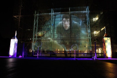 The production crew projected clips of the film behind the quidditch pitch setup on the terrace.