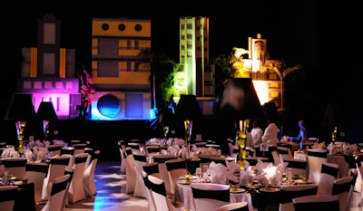 Sixth Star Entertainment & Marketing set up 3-D scenic decor of Miami's Art Deco district on two sides of the stage.