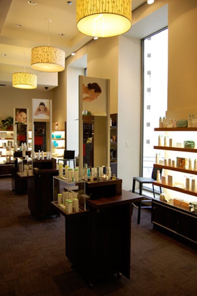 In the spa's reception area, skincare products, candles, and tea are available for purchase.