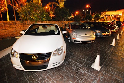 Five Volkswagens parked in the hotel's driveway stored the gift bags given out at the end of the night.