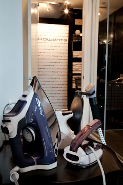 A vignette including a variety of irons and steamers from Rowenta sat at the entrance to the washroom, where Rowenta Beauty's new flatirons and hairdryers were displayed.
