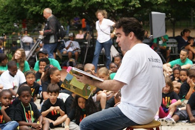 Brian d'Arcy James, star of Broadway's Shrek and a nominee, joined teachers at storybook readings in Washington Square Park on Monday.