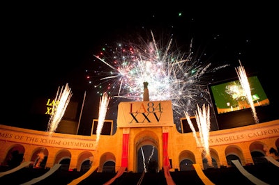 Fireworks exploded over the L.A. Coliseum for the Southern California Committee for the Olympic Games' and the Los Angeles Sports Council's party commemorating the 25th anniversary of the Games' visit to town.