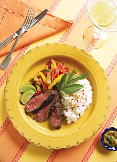 Coriander-rubbed hanger steak with salsa verde, pepper jack grits, and roasted nopales and peppers