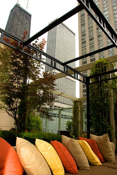 Pillow-lined benches provided seating on the Peninsula's terrace.