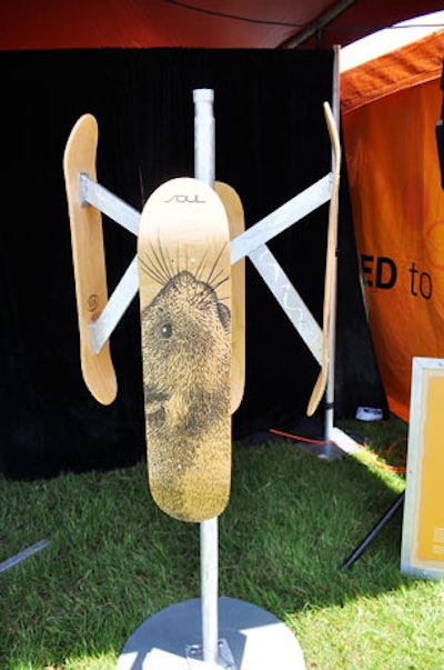 Skateboard decks with etched artwork added to the promotion's punk-rock ambiance.