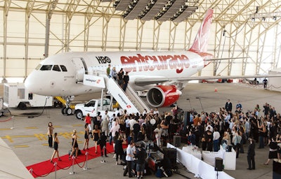 Virgin hosted a preflight party in a hanger at Kennedy airport.