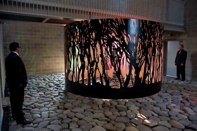 The work Ring of Trees stood inside the center's stony entrance.