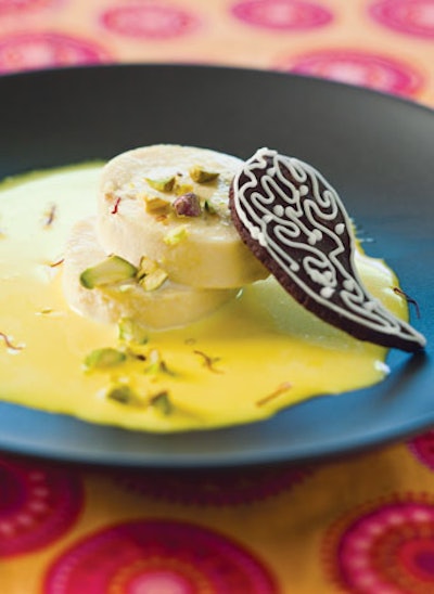 Ras malai, coriander-cinnamon-orange water-infused paneer with henna-style shortbread