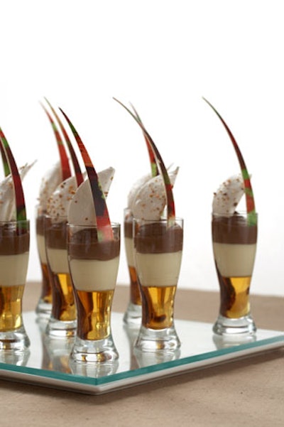 Chocolate amaretto parfait with white chocolate spears and amaretto meringue cookies