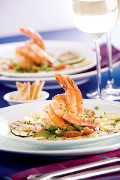 Roasted lemon shrimp with eggplant, tomato, zucchini, and crispy pita