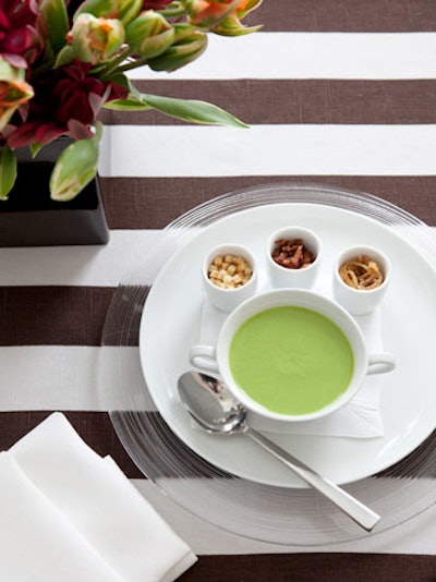 Chilled pea soup with croutons, applewood-smoked bacon, and crispy shallots