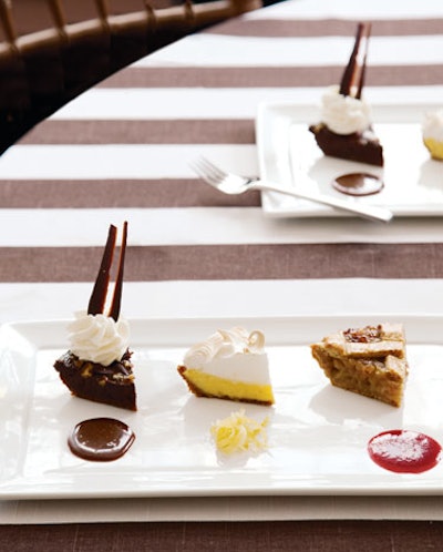 American pie tasting: chocolate turtle pie, Key lime meringue pie, and rhubarb pie