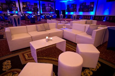 Low white lounge furniture lent a nightclub feel to the venue, a banquet facility.