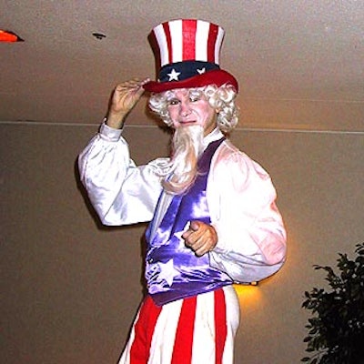Event producer Show Stoppers Entertainment and Event Company brought in a stiltwalker dressed as Uncle Sam for the International Hospitality Ball at the Marriott Marquis.