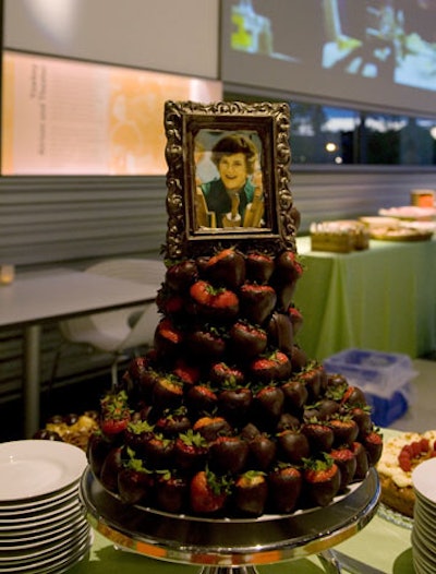 Towers of chocolate-covered strawberries were topped with chocolate-framed photos of Child.