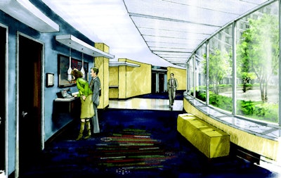 The lobby-level meeting center will overlook a large plaza and gardens.