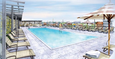 The new pool area is located in the southeast corner of the property next to the hotel's health club on the terrace level.