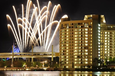 Bay Lake Tower's 15th floor roof deck offers an up-close view of the Magic Kingdom's nightly fireworks show.