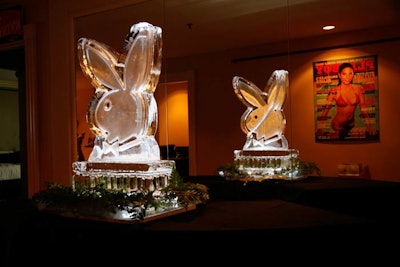 Oversize Playboy covers and a bunny-shaped ice luge decorated the Hilton suite that hosted the brunch.