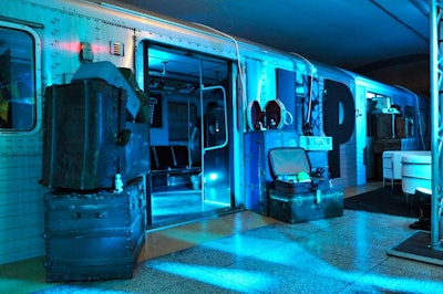 Broadbent stacked suitcases and crates at the entrance to the 'Up' subway car, which included a screen with video footage shot above the clouds.