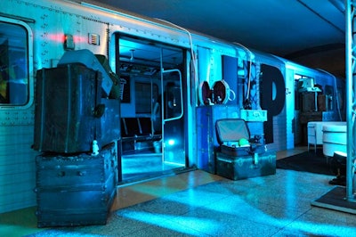 Broadbent stacked suitcases and crates at the entrance to the 'Up' subway car, which included a screen with video footage shot above the clouds.