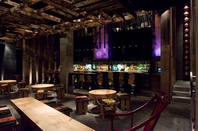 Japanese kimono sashes are affixed to the chairs in the sake bar and lounge, which holds 50.