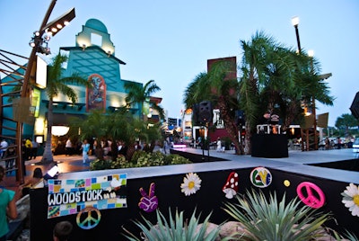 The stage covering Seminole Paradise's center fountain had Woodstock and hippie symbols on it.